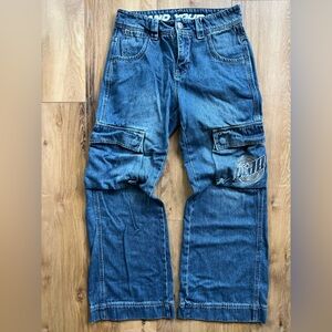 ALAB Y2K Wide Leg Denim Cargo Jeans Unisex 29” Waist Embroidered Logo